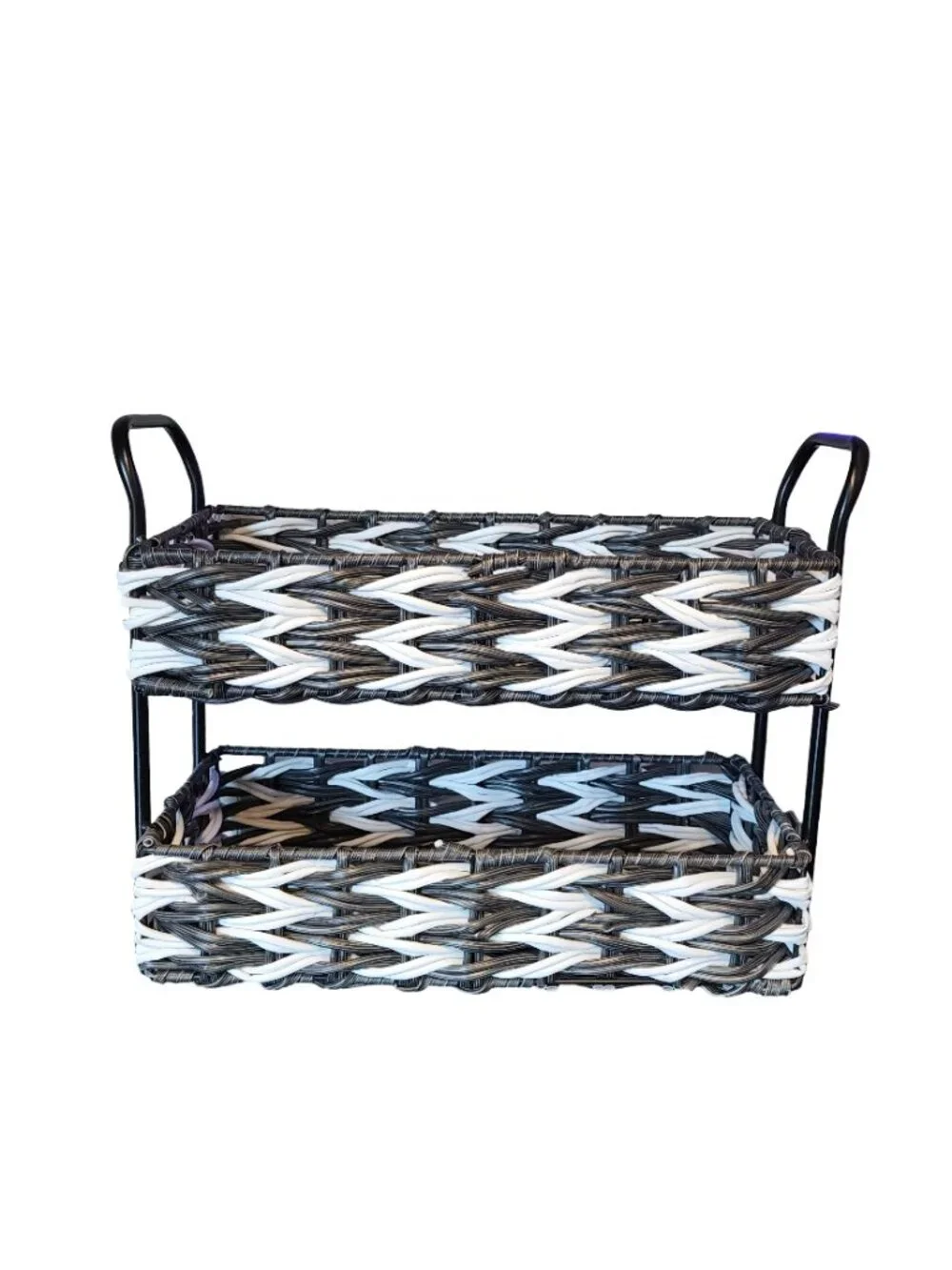 2-Tier Black/White Woven Basket Storage Organizer | NWOT